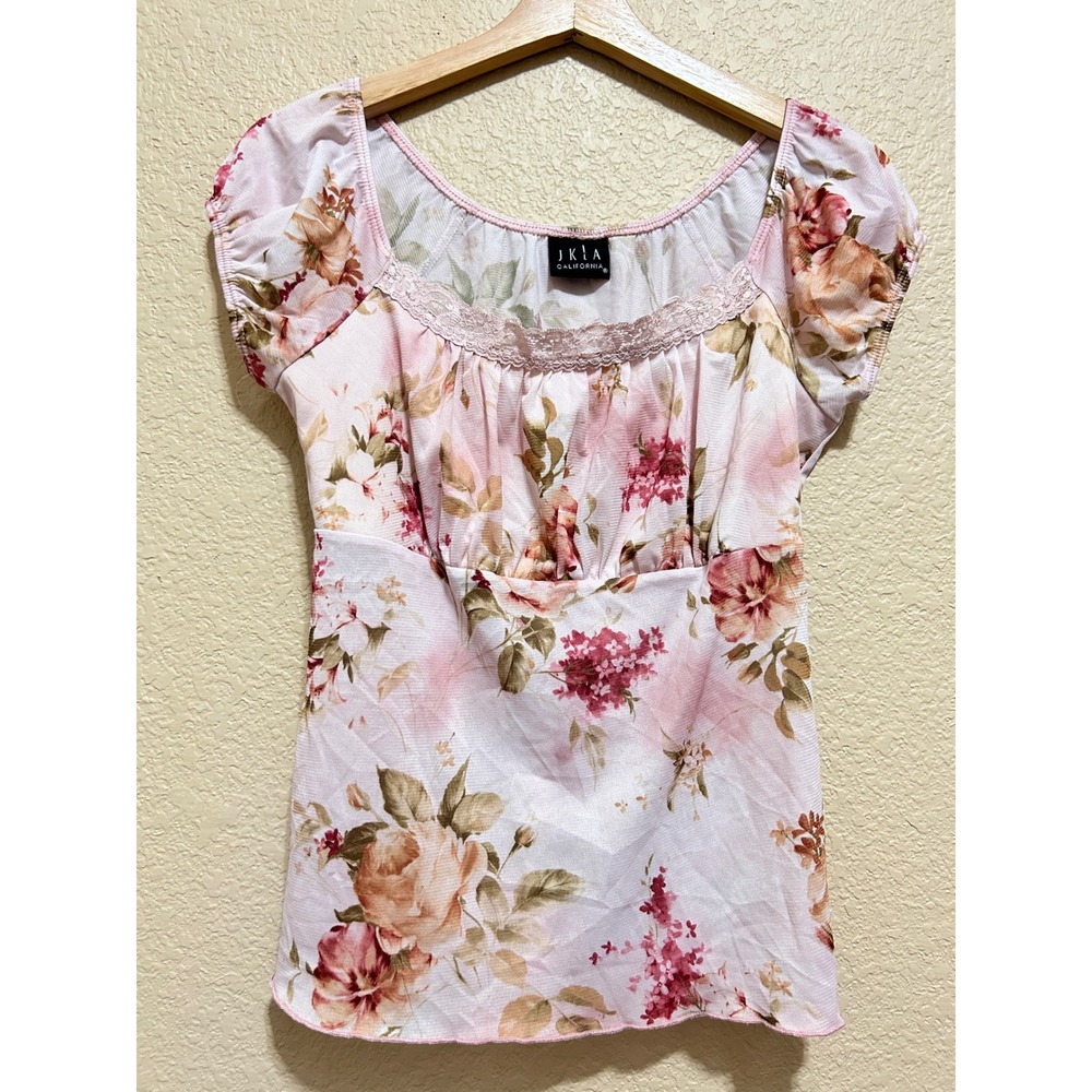 JKLA California Small Vintage Milkmaid Babydoll Floral Top Pink Y2K Coquette